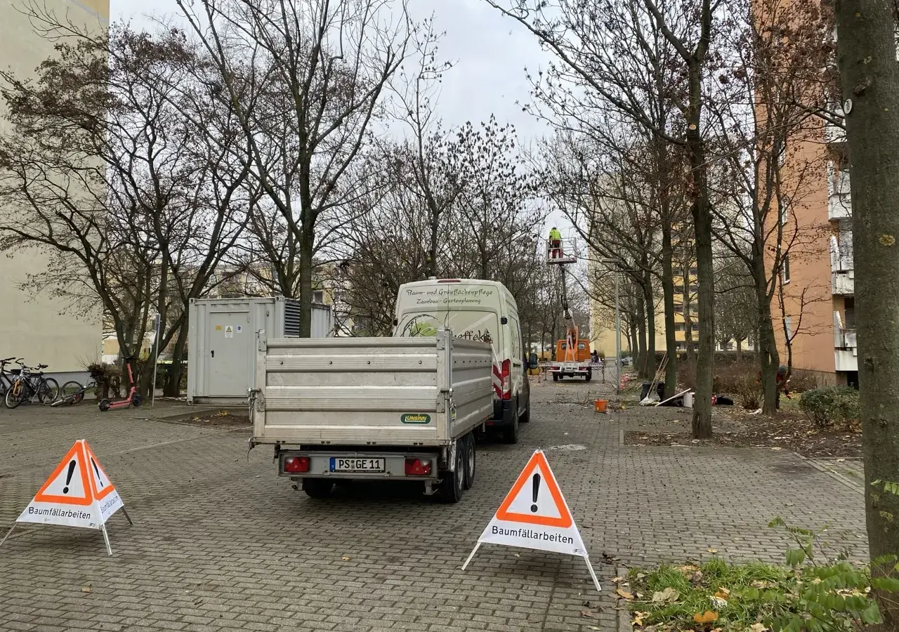 Abgesicherte Einsatzstelle mit Warnschildern Baumfällarbeiten
