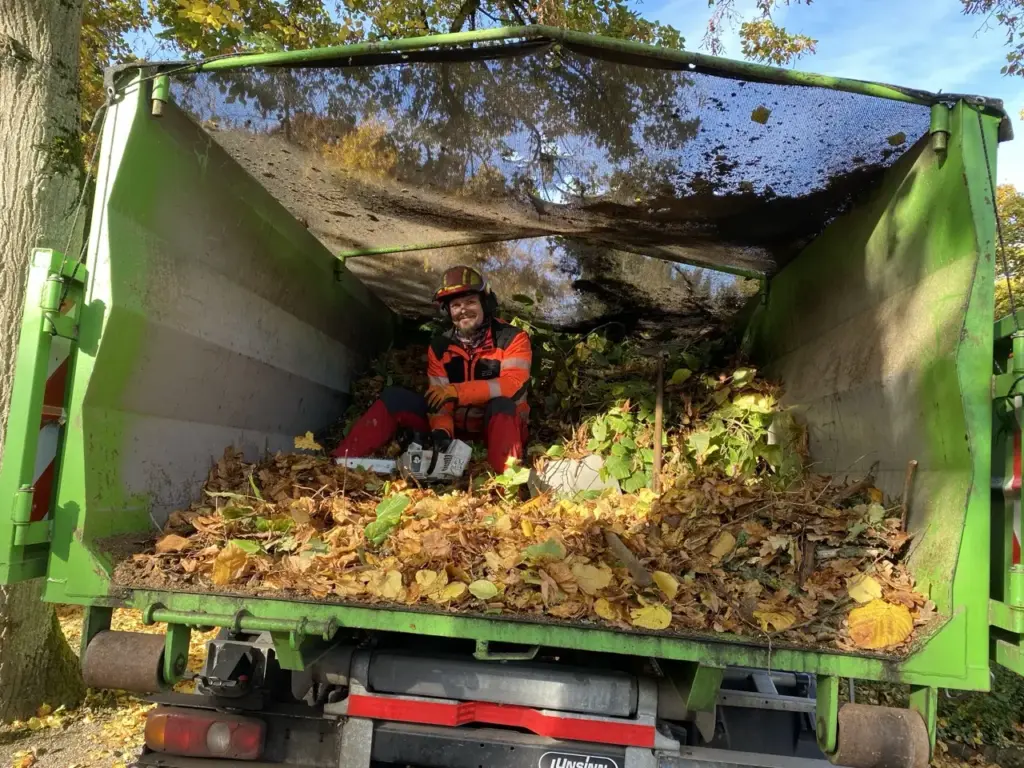 Heinrich Kath im Container voller Herbstlaub