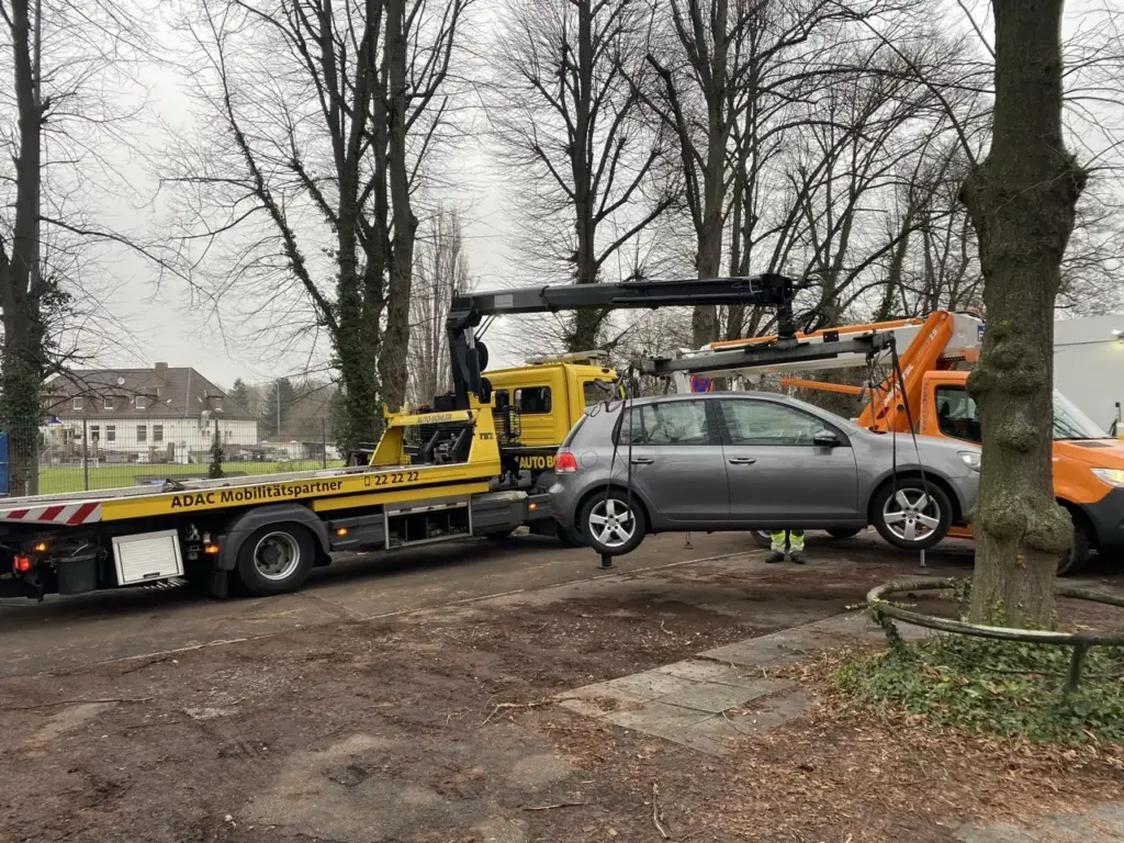 Abschleppdienst macht den Verkehrsraum für die Baumpflege frei